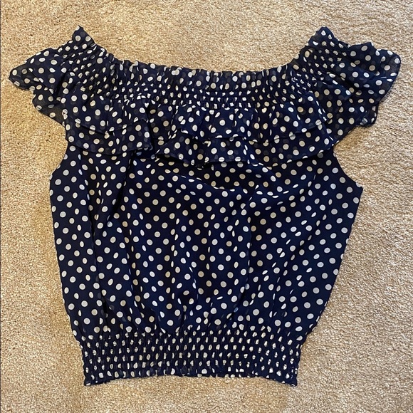 Lauren Ralph Lauren Ruffle Polka Dot Sheer Off the Shoulder Top Navy White XL - Picture 2 of 9